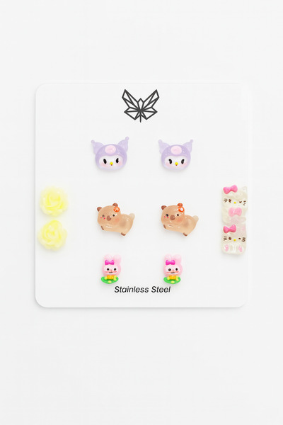 MakeWell Çelik Kararmaz Kuromi Hello Kity Tavşan Civciv Mickey Mouse Tasarımlı 5li Çelik Küpe Seti
