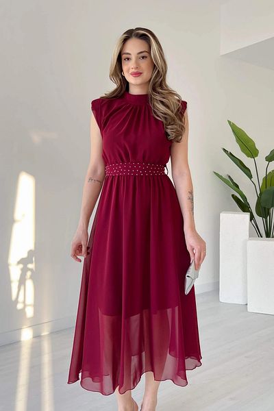 Aventien Rochie din șifon burgundă cu detaliu curea cu pietre