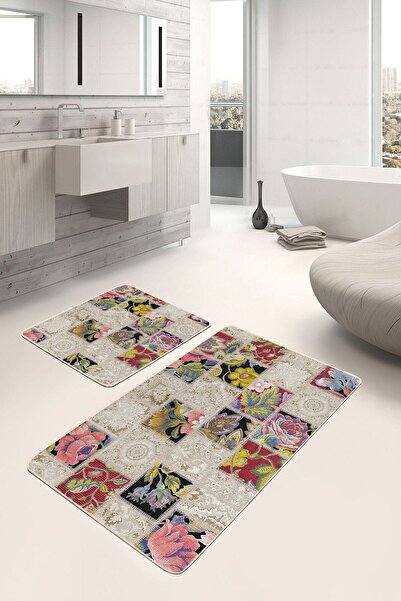 Realhomes Set of 2 Ethnic Vintage Avangarde 2-Piece Bath Mat Set with Patchwork Motif on the Traditional Floor