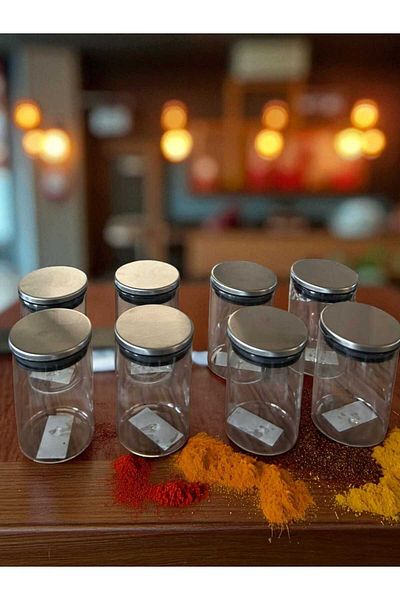 Noah Exclusive 300 ml (70 mm X 100 mm) Set of 8 Borosilicate Glass Spice Jars with Non-Leaking Silicone Metal Lid