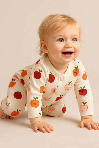 dinamik çocuk Apple Printed Flexible Baby Jumpsuit - 100% Cotton, 1-3-6 Months, Unisex