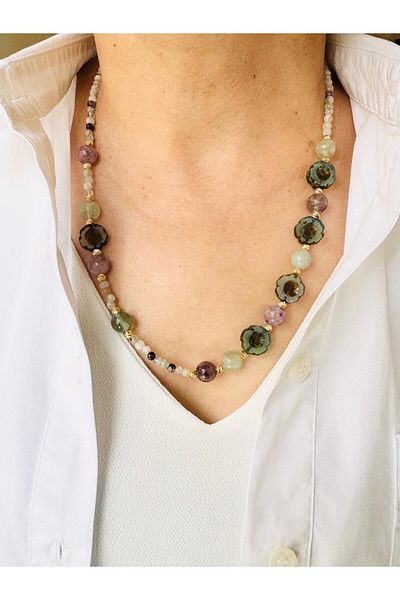 DEVİ fashion Fluorite Natural Stone Design Flower Necklace 55 cm