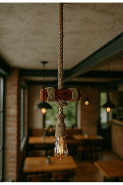 aybükpabuç Rustic Rope Chandelier Handmade |   Bohemian Style Wooden Pendant Lamp |   Cafe Home Decoration