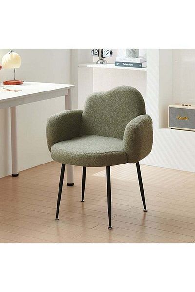 Taimi Boucle Fabric Chair with Arms, Comfortable Backrest and Metal Legs, Makeup Chair - White