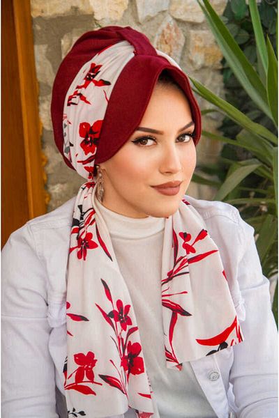 Aişe tesettür Bone Burgundy White Floral Patterned Hat