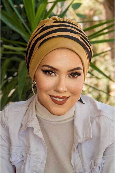 Aişe tesettür Camel Zebra Bonnet with Premade Band