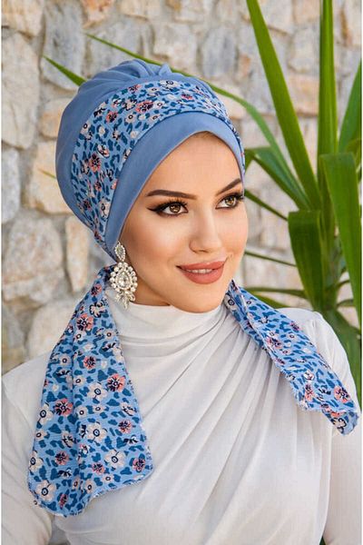 Aişe tesettür Blue Flower Patterned Scarf Bone