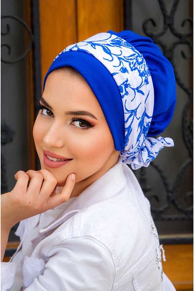 Aişe tesettür Blue and White Flower Scarf Bone-40602