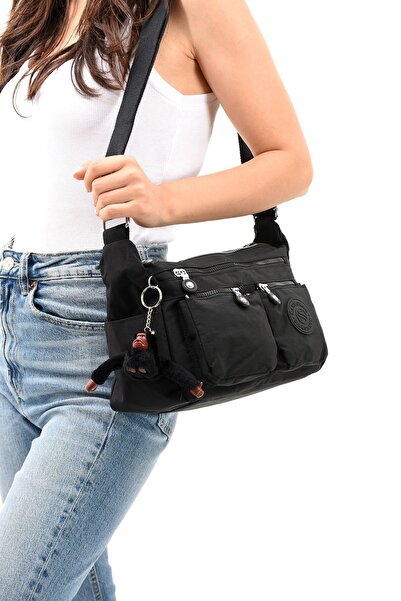 Sanmorris Black Crinkle Fabric - Water Resistant Shoulder Bag, Crossbody Strap, Medium Size Compartment