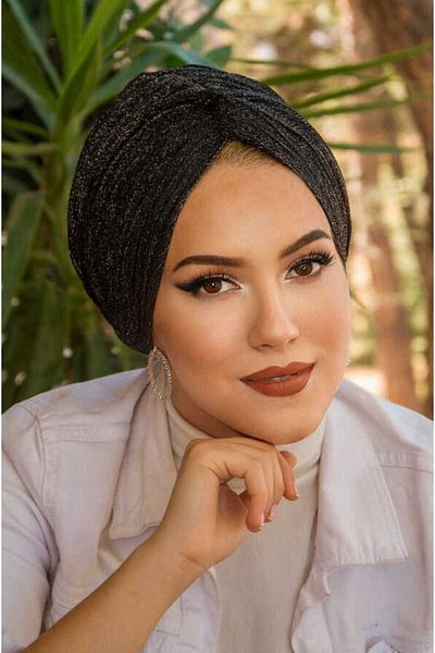 Aişe tesettür Pleated Ready Twist - Black Silver Sparkling Knot Bonnet