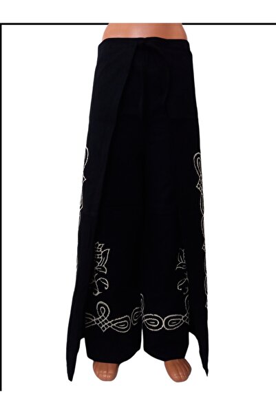 boutique venüs Keten Taş Baskılı Bulmaca Pantolon - Siyah Beyaz - Standart