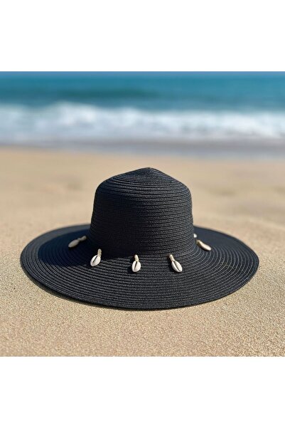 Axesoire 14232-1 Μαύρο Φαρδύ Ψάθινο Καπέλο Κοχύλι