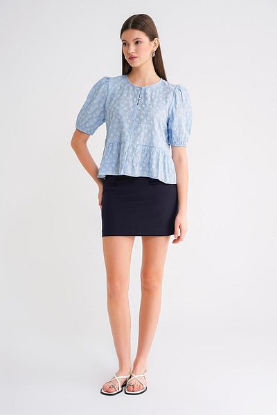 Mixray 4688 Bluză peplum cu mâneci balon pentru femei, cu model floral, albastru bebeluș