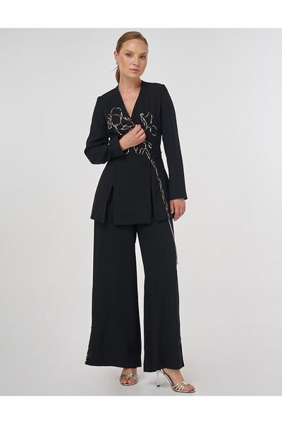 Kayra Sequin Embroidered Double Suit Black