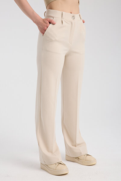 ZERTEX Women's Stone Color Double Pocket Lighral Belt Rubber Detail Zipper High Waist Clamp Crepe Style Pants.