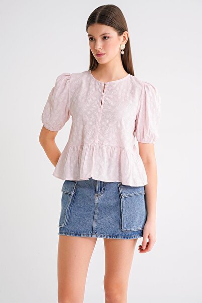 Mixray 4688 Γυναικείο μπαλόνι μανίκι με λουλουδάτο μοτίβο Peplum Μπλούζα Ροζ