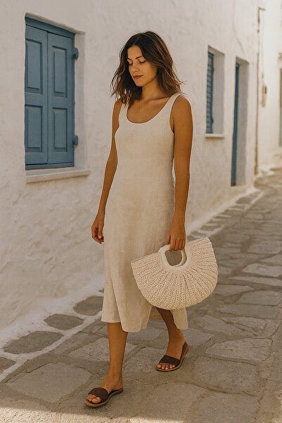 Luminos Butik Μπεζ Χειροποίητη Πλεκτή Ψάθινη Τσάντα 22x47 εκ. CNT1052