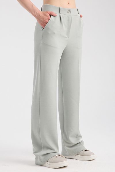 ZERTEX Women's Mint Green Double Pocket Lycra Belt Rubber Detailed Zippered High Waist Clamp Crepe Style Trousers.