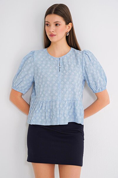 Mixray 4688 Women's Balloon Sleeve Floral Patterned Peplum Blouse Baby Blue
