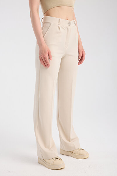 ZERTEX Women's Stone Color Double Pocket Lighral Belt Rubber Detail Zipper High Waist Clamp Crepe Style Pants.