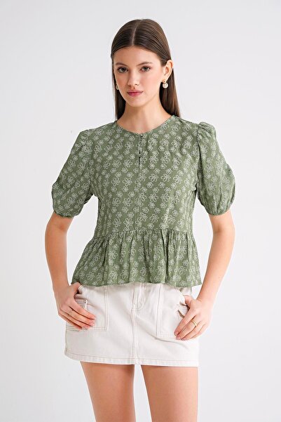 Mixray 4688 Women's Balloon Sleeve Floral Patterned Peplum Blouse Khaki