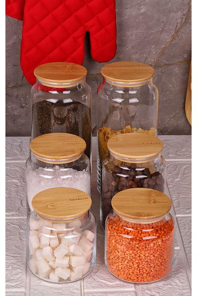Bambum 6-Pack Glass Storage Container with Vacuum Bamboo Lid 600Ml-800Ml-1300Ml