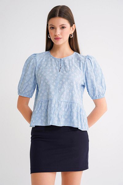 Mixray 4688 Bluză peplum cu mâneci balon pentru femei, cu model floral, albastru bebeluș