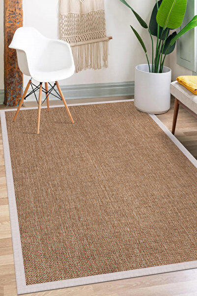 SARAZ HALI 0604-Krem Kumaş Bordür Sisal Jut Halı Kilim Hav Toz Vermez Kolay Temizlenen Hasır Kilim