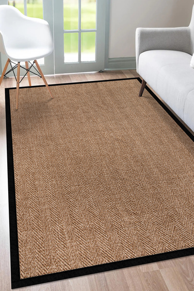 SARAZ HALI 0503-Siyah Kumaş Bordür Sisal Halı Kilim Hav Toz Vermez Kolay Temizlenen Hasır Kilim