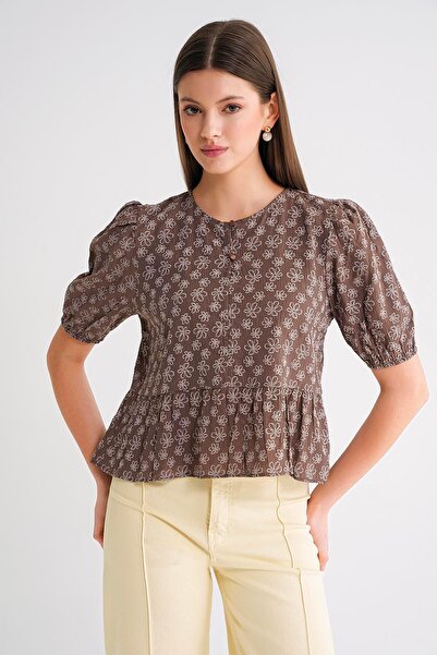 Mixray 4688 Γυναικείο μπαλόνι με λουλουδάτο μοτίβο Peplum Μπλούζα Καφέ