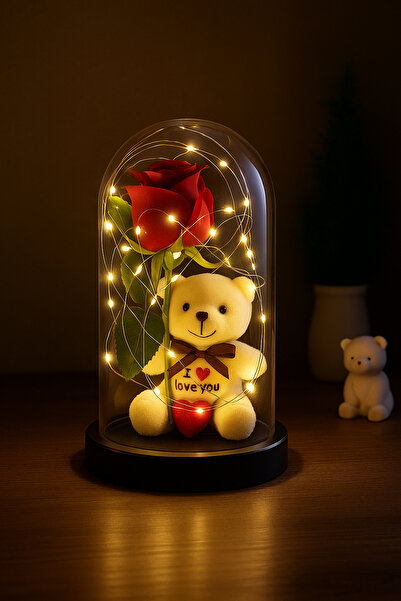 ALSHOP I Love You Yazılı Ayıcıklı Sevgililer Günü Işıklı Lüks Ledli Fanus Hed...