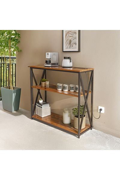 AGD 3-Tier Adjustable Console Table with Charging Base and Storage Shelf, 100x35x90cm, Brown