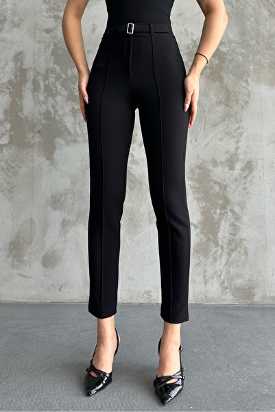 macharel jeans Kadın Siyah Yüksek Bel Toparlayıcı Dar Paça Tokalı Kumaş Pantolon