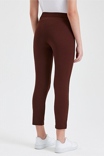 macharel jeans Kadın Kahve Yüksek Bel Toparlayıcı Dar Paça Tokalı Kumaş Pantolon