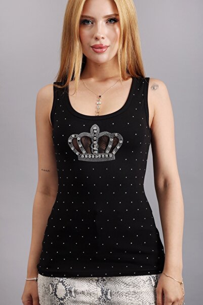 RICH GLAM Crystal Stone Slim Fit Crown Ruched βαμβακερό αμάνικο μπλουζάκι με ...