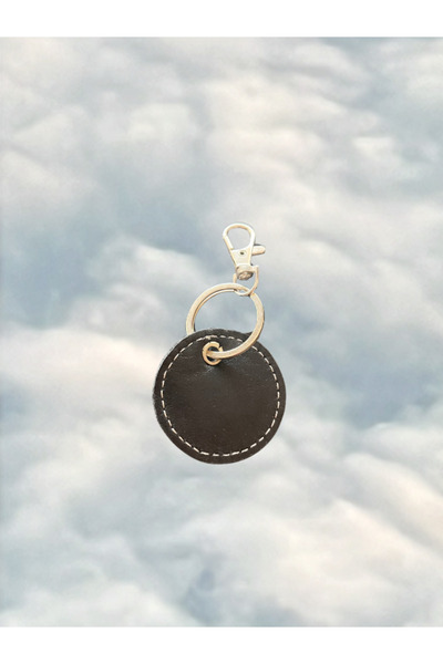 Pinkylola E harfli yuvarlak siyah hakiki deri anahtarlık, çanta süsü ( kuzu deri -yumuşak )