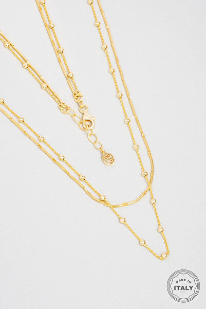 So CHIC... Modern İtalyan 18 Ayar Sarı Altın Kaplama 47 Cm Gümüş İkili Kolye