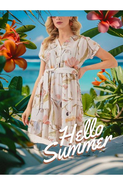Freeista Cream Patterned Short Sleeve Dress