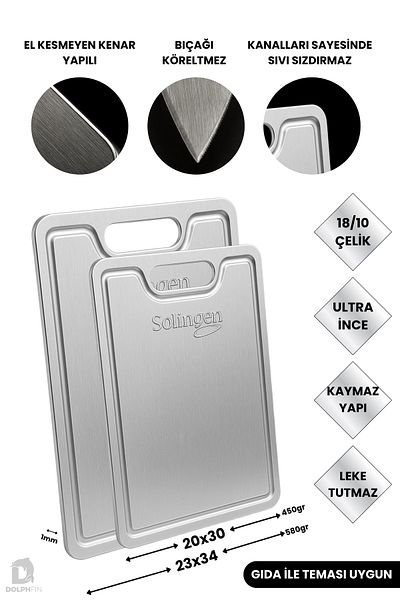 DolphFin Solingen Stainless Steel Cutting Board 2 Pieces Antibacterial Surface