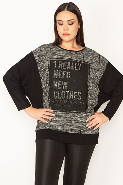 Şans Women's Large Size Black Print Detailed Two Color Tunic 65n31415
