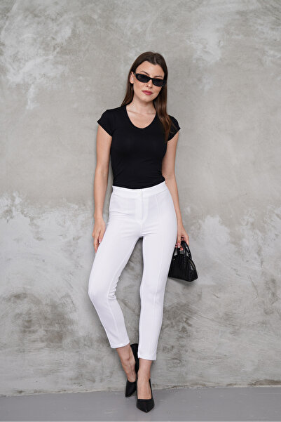 macharel jeans Γυναικείο λευκό ψηλόμεσο παντελόνι από ύφασμα με στενό πόδι