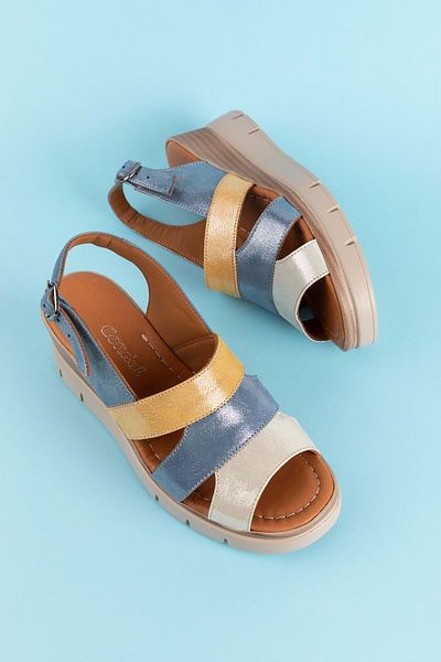 Gondol Genuine Leather Colorful Combination Wedge Heeled Sandals Mlk.5808 Blue Combination
