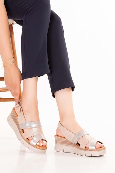 Gondol Genuine Leather Colorful Combination Wedge Heeled Sandals Mlk.5808 Powder Combination