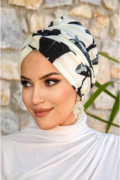 Aişe tesettür Smoked White Patterned Ready Twisted Knot Bonnet