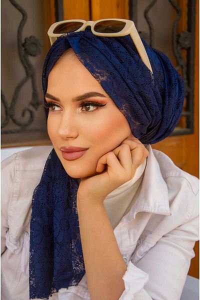 Aişe tesettür Lace Buckle Bonnet-navy blue Flower