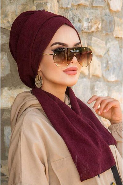 Aişe tesettür Dark Claret Red Crinkle Scarf Bonnet