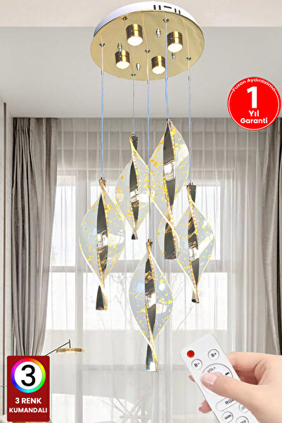 FUZON 3 Renk Kumandalı Gold Kaplama Sarkıt Modern Led Avize 5li Yaprak Salon Avize