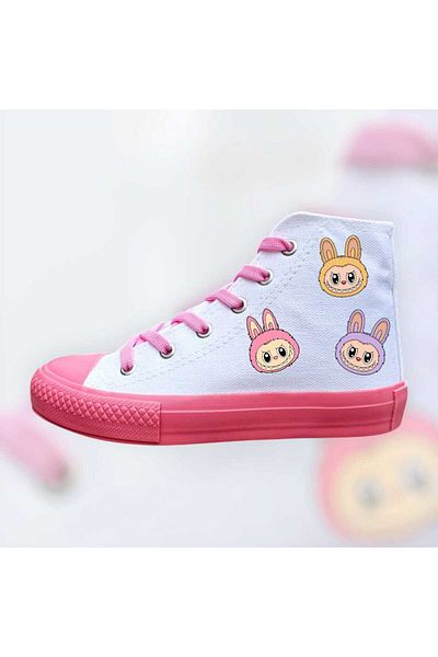 ECCAdesing Laluu Brothers Printed Girl's Pink Sole White Linen Sports Shoes and Sneakers