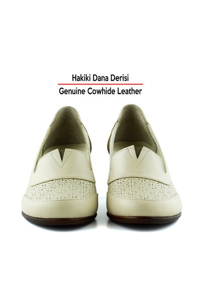 Erkan Saçmacı Madre Beige Genuine Calfskin Vintage Patterned Thick Heeled Daily Classic Shoes