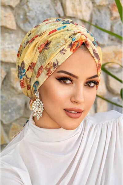 Aişe tesettür Žuti cvetni uzorak Sa kopčom šešir
